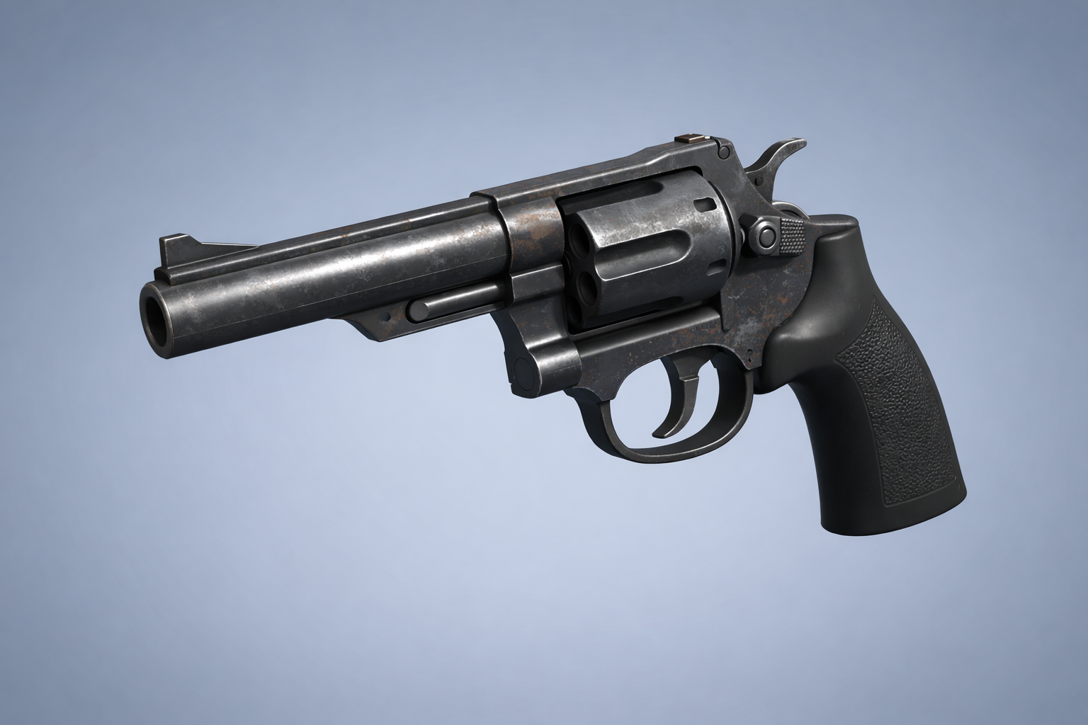 Revolver render with worn dark metal finish and black grip