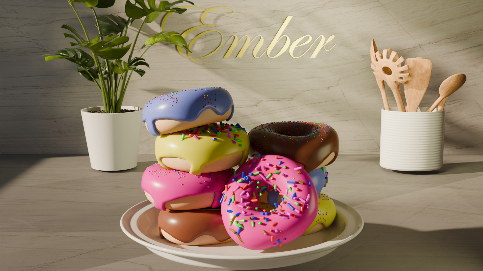 Colorful donut renders stacked on a plate in a warm product visualization scene