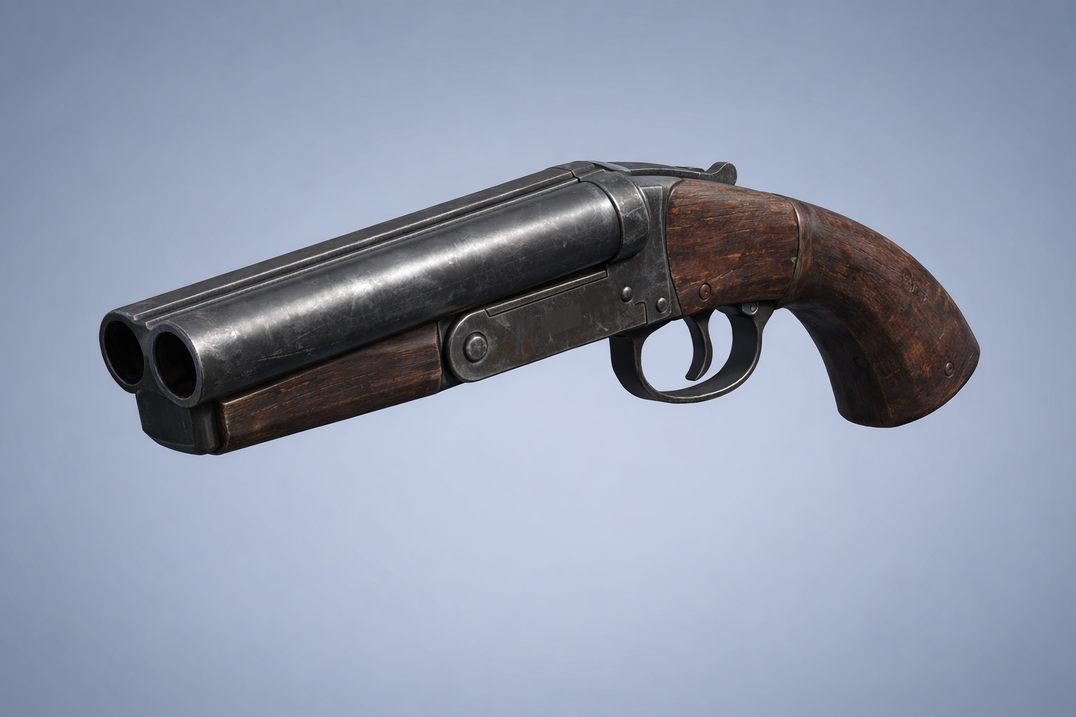 Compact double-barrel shotgun render with wood grip and dark steel finish