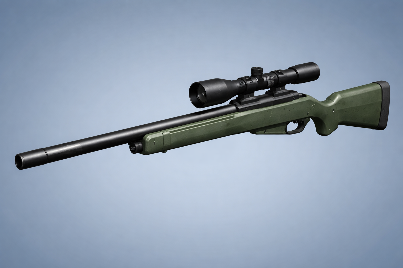Green sniper rifle render with mounted scope on a light studio background