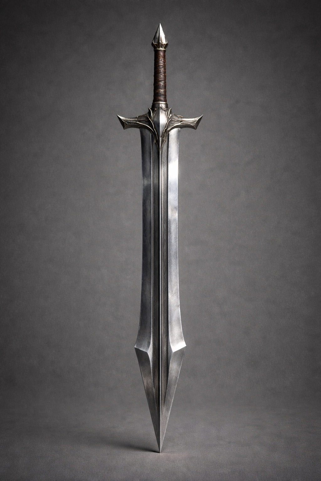 Clean steel longsword with leather-wrapped handle on a gray studio background