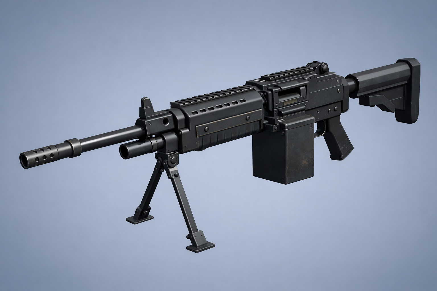 Heavy machine gun render with bipod and box magazine on a light studio background