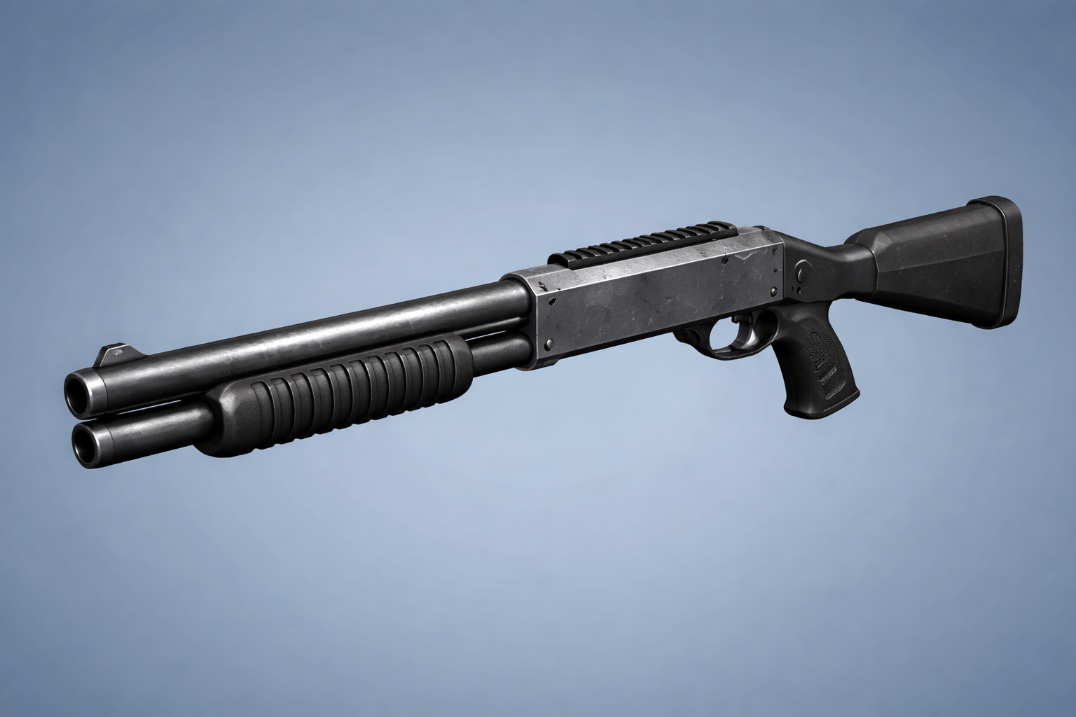 Pump-action shotgun render on a soft blue studio background