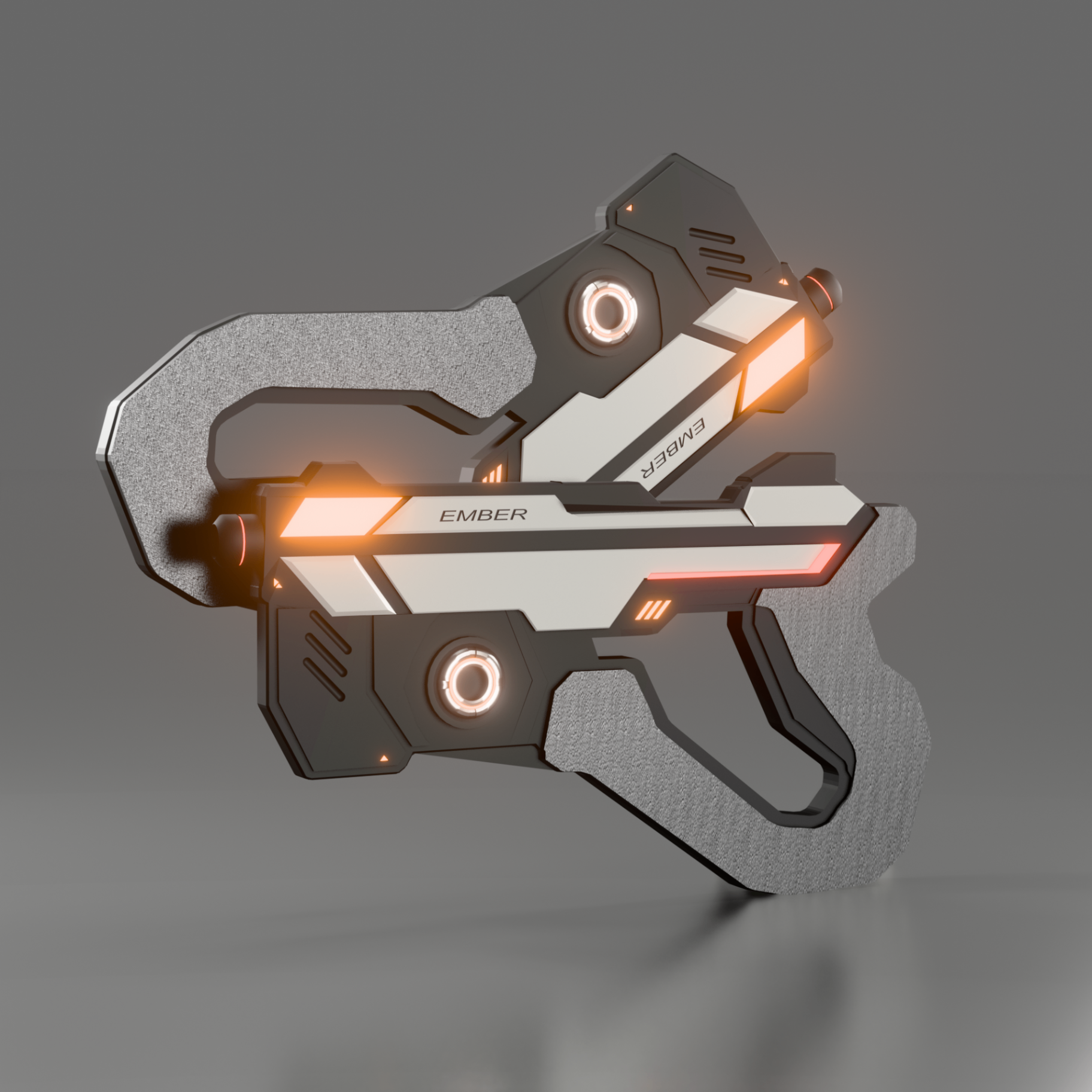 Pair of futuristic ember-lit energy pistols rendered in gray studio lighting