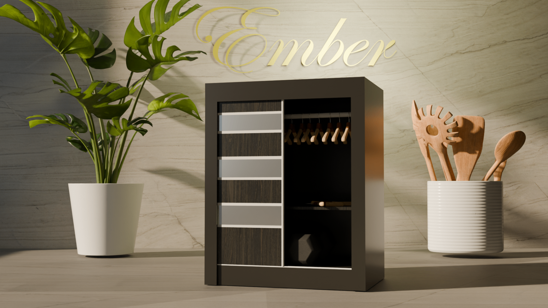 Modern cabinet render in a warm interior setup with plant and kitchen tools