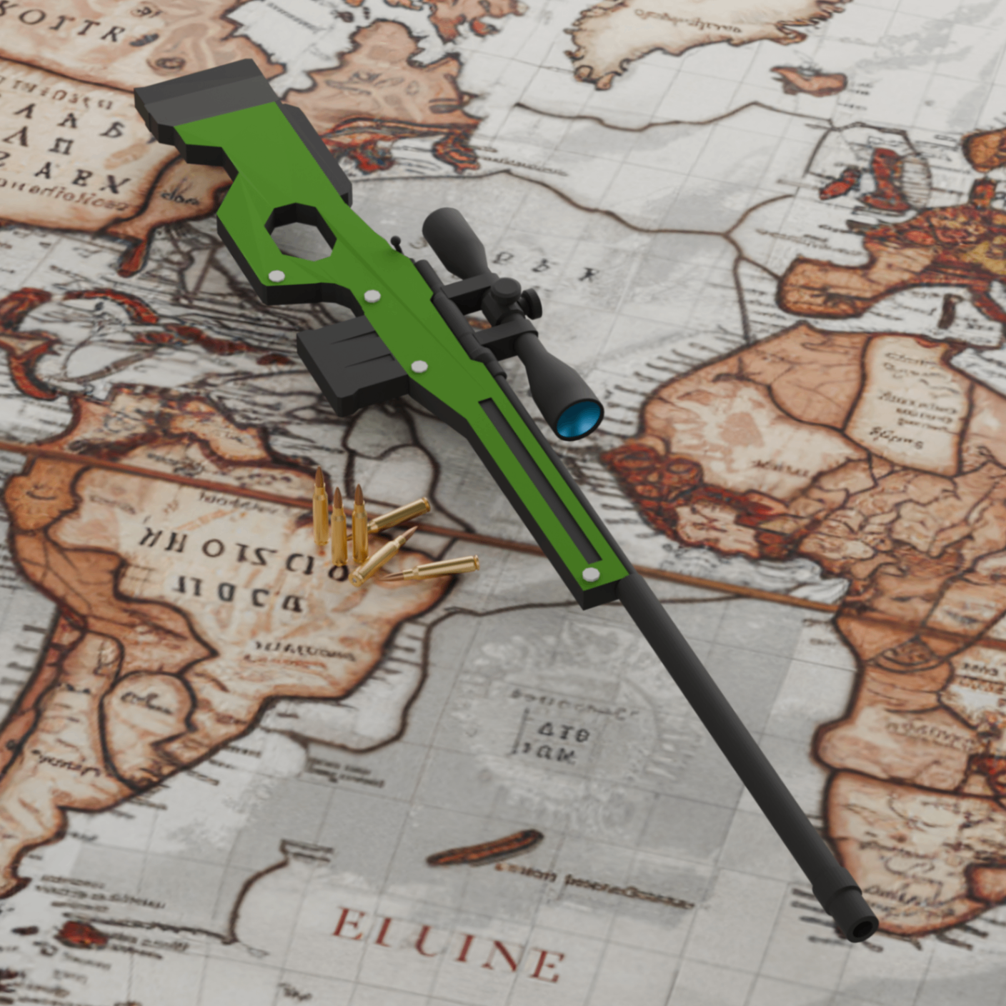Stylized sniper rifle placed on a vintage map with loose bullets nearby