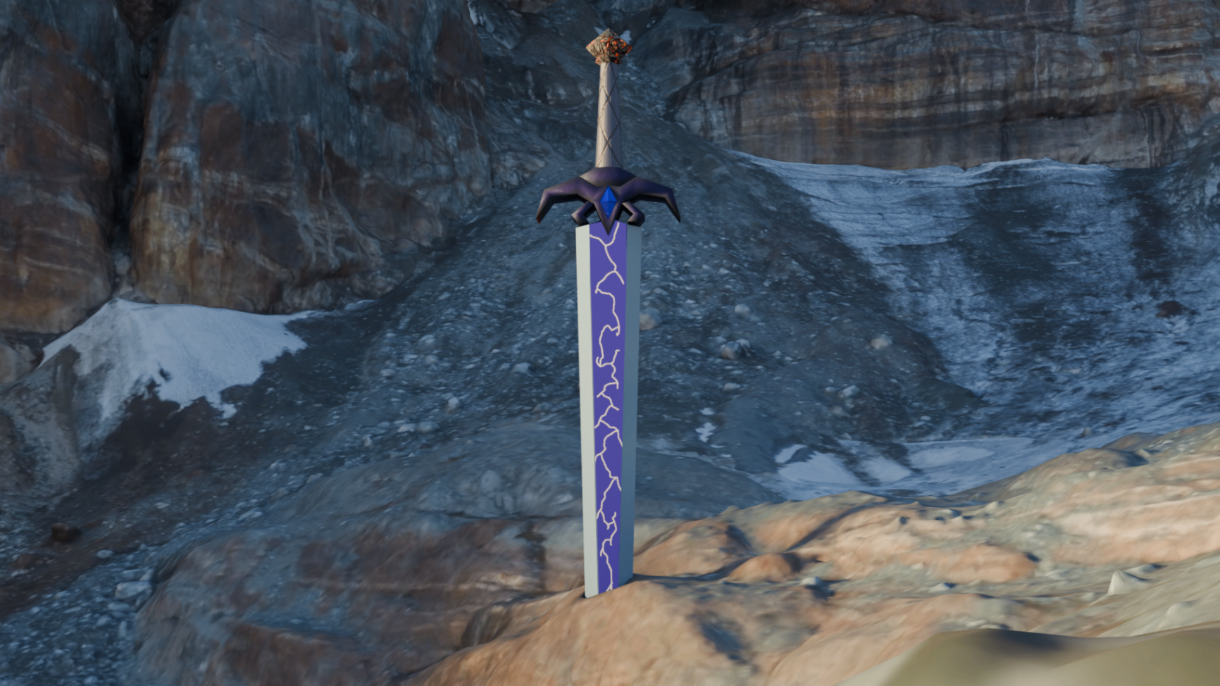 Fantasy sword standing upright in a rocky environment with glowing lightning through the blade