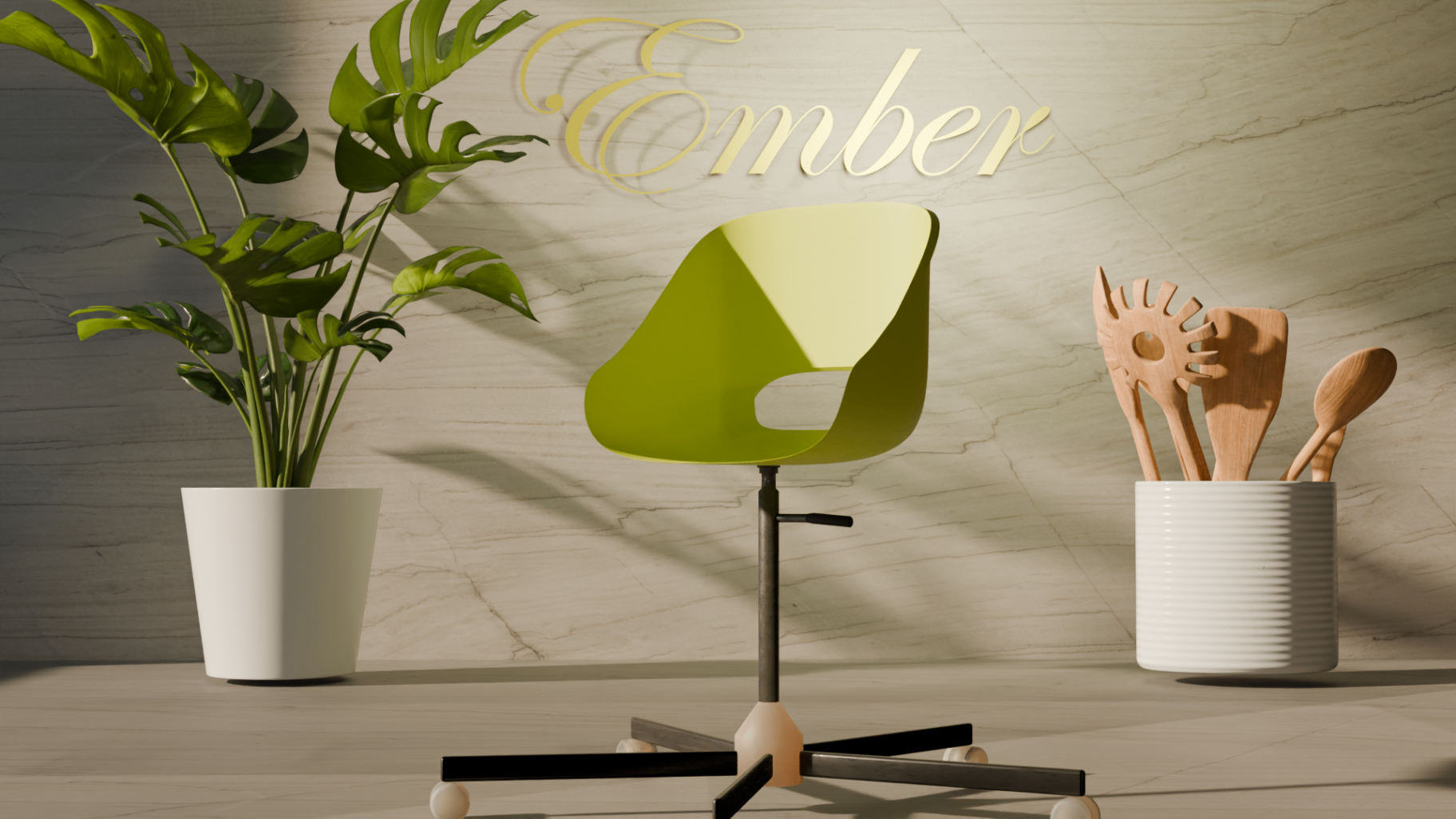 Modern green chair render in a warm interior scene