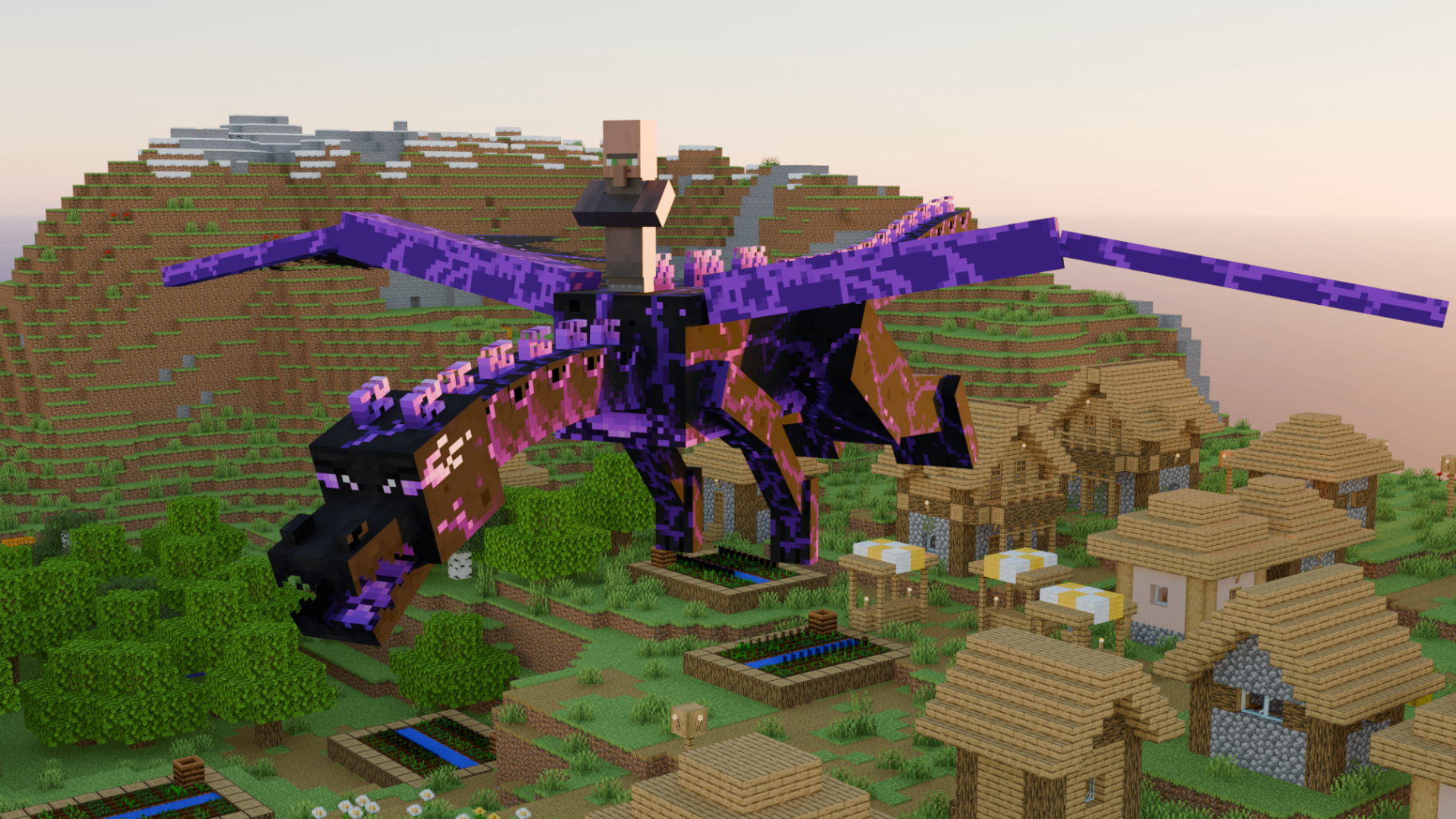 Minecraft-style Ender Dragon flying above a village with a villager riding on top