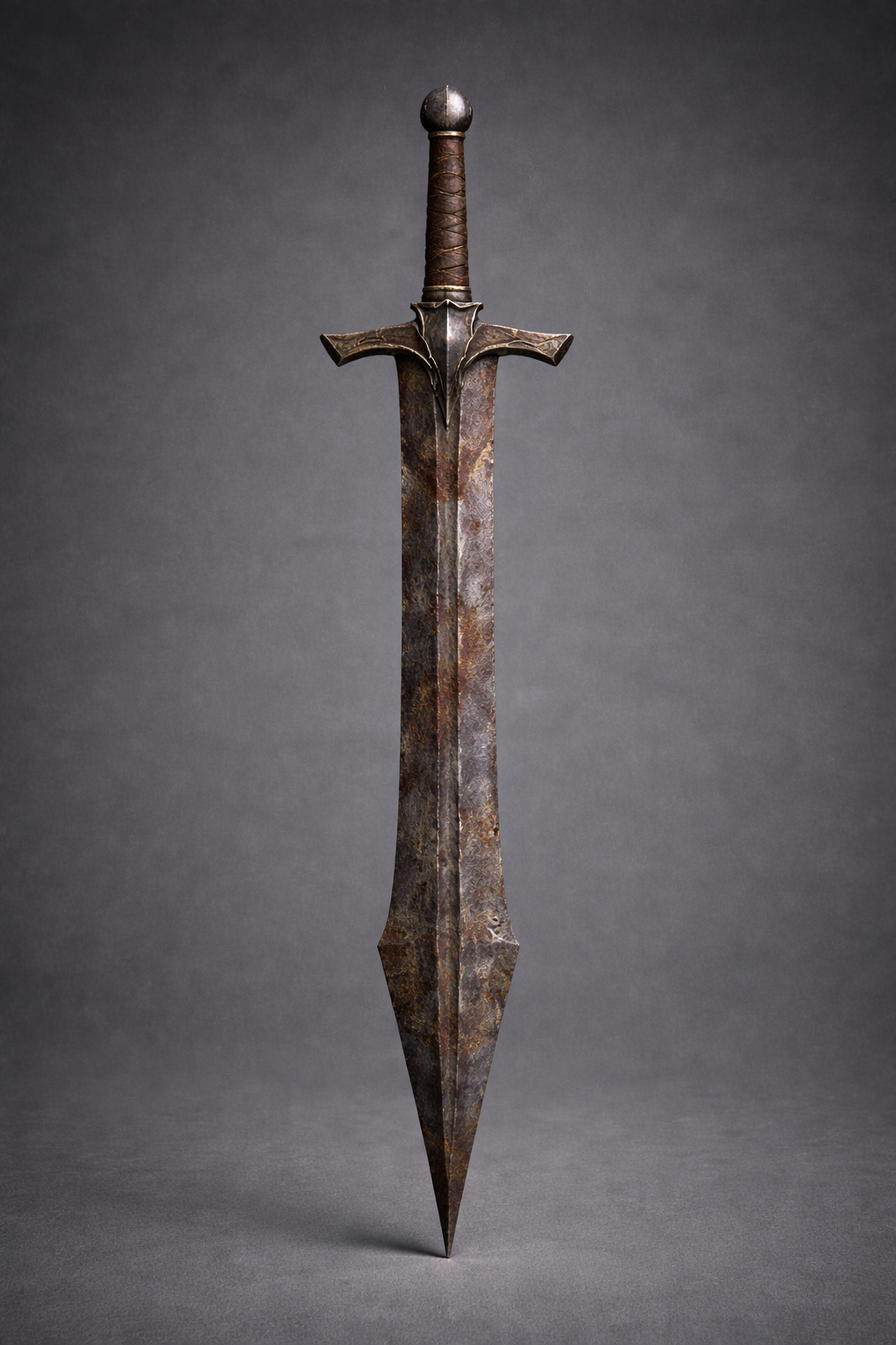 Weathered rusty sword with leather grip on a neutral gray studio background