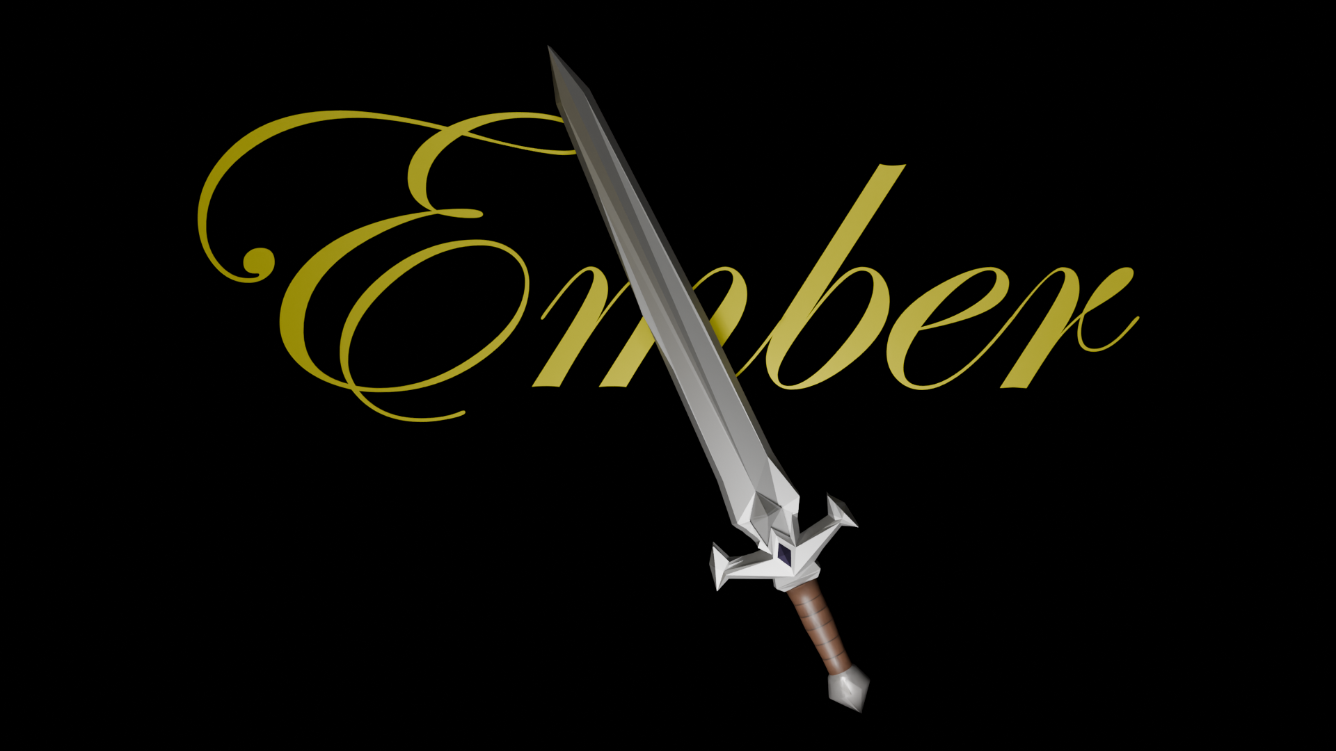 Low poly fantasy sword in front of the word Ember on a black background